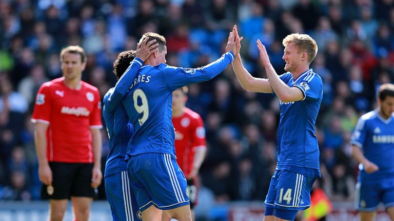 Chelsea's Fernando Torres (left) celebrates with team-mate Andre Schurrle (right) after scoring second goal at Cardiff