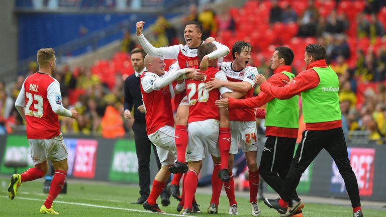 Antoni Sarcevic: Celebrates with his Fleetwood team-mates