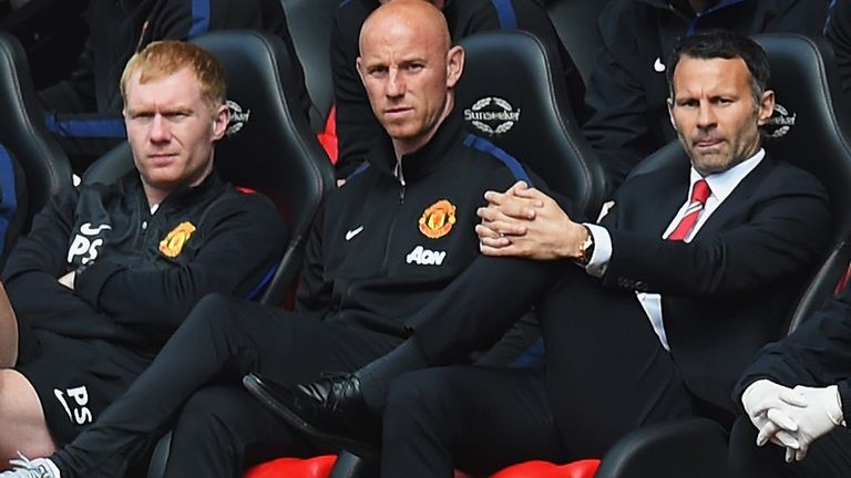 Manchester United interim manager Ryan Giggs looks on alongside assistants, Nicky Butt and Paul Scholes 