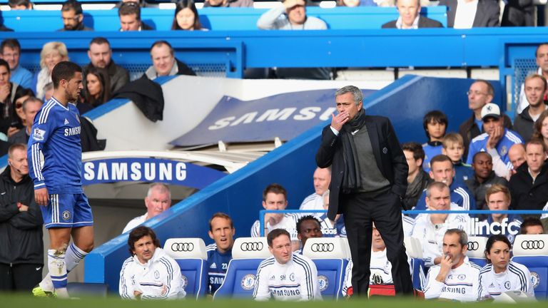 Chelsea manager Jose Mouinho gives instructions to Eden Hazard