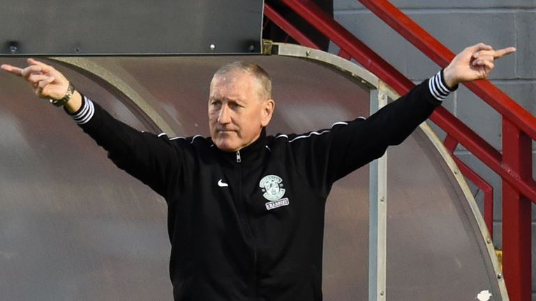 Hibernian manager Terry Butcher urges his side on from the dugout