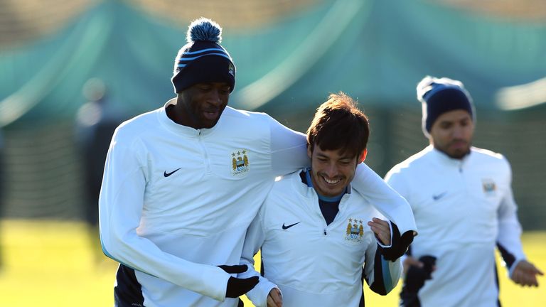 Manchester City team-mates Yaya Toure and David Silva in training