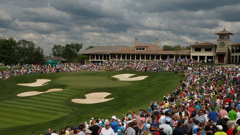 A general view of the 18th hole and clubhouse during the third round of the Memorial Tournament