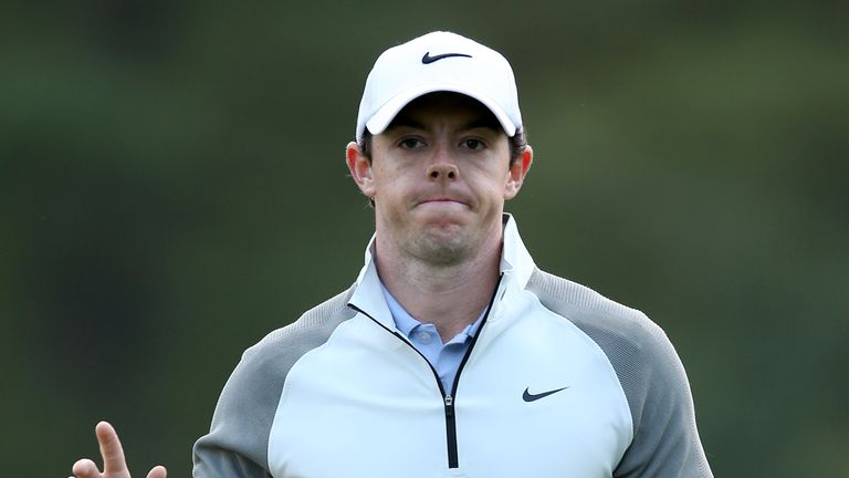Rory McIlroy of Northern Ireland reacts to a putt on the 11th during the first round of the Wells Fargo Championship