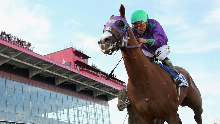 California Chrome, ridden by Victor Espinoza, races to the finish line enroute to winning the 139th running of the Preakness St