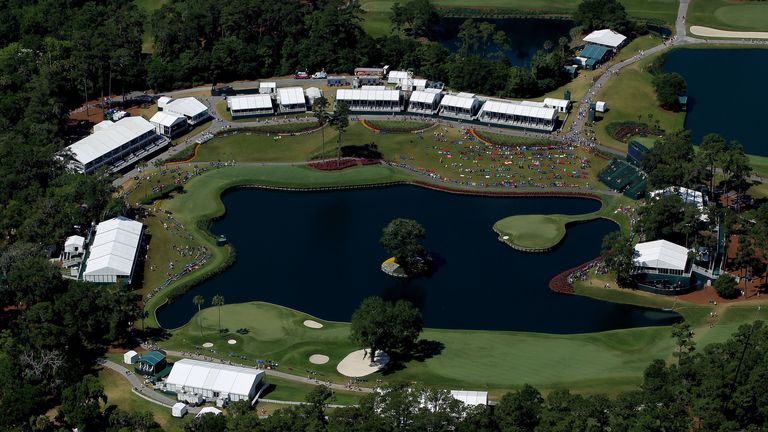 PONTE VEDRA BEACH, FL - MAY 15:  A general view of the 16th and 17th hole is seen from the MetLife Blimp during the final round of THE PLAYERS Championship