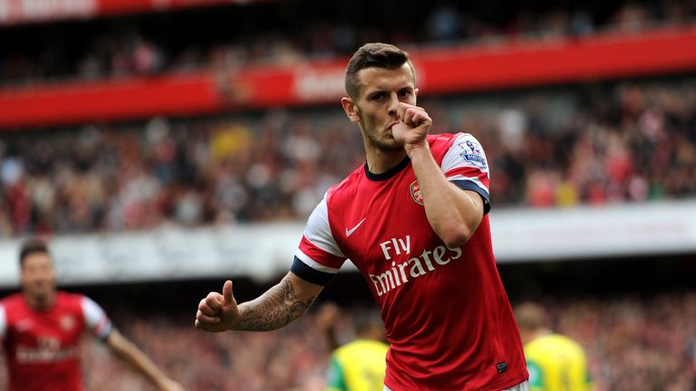 Arsenal's Jack Wilshere celebrates scoring the first goal against Norwich