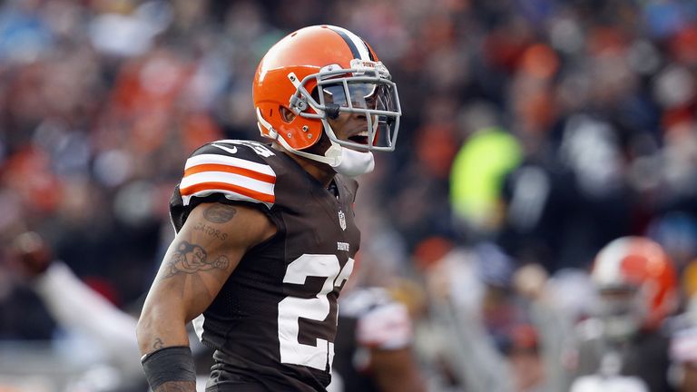 Joe Haden of the Cleveland Browns celebrates after an interception