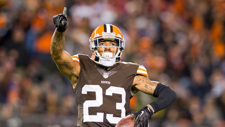 Cornerback Joe Haden of the Cleveland Browns celebrates after catching an interception