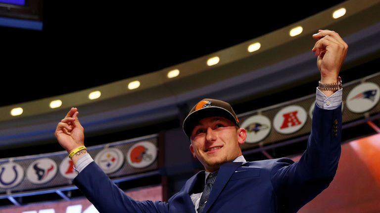 Johnny Manziel of the Texas A&M Aggies takes the stage after he was picked 22nd overall by the Cleveland Browns during the first round. May 8 2014.
