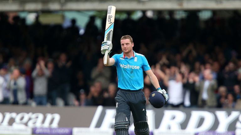 Jos Buttler of England celebrates his century during the 4th Royal London One Day International match between England and Sri Lanka