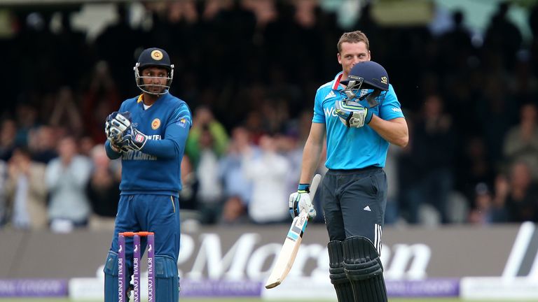 Jos Buttler of England celebrates his century during the 4th Royal London One Day International match between England and Sri Lanka
