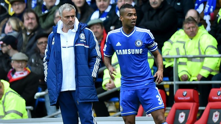 Chelsea's Portuguese manager Jose Mourinho (L) looks towards English defender Ashley Cole (R) during Premier League football match at Cardiff