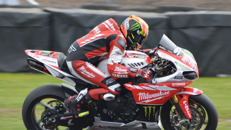 Josh Brookes exits Old Hall on his way to victory in race two in the second round of the 2014 British Superbike Championship at Oulton Park.