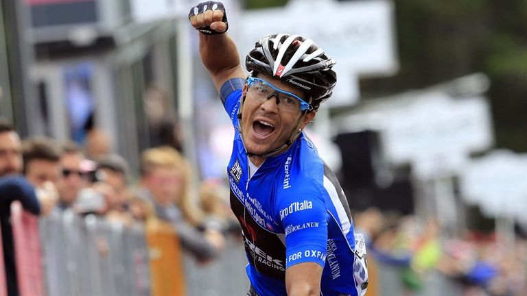 Colombian Julian Arredondo celebrates his victory 18th stage of the 97th Giro d'Italia, Tour of Italy, cycling race from Belluno to Rifugio Panarotta 