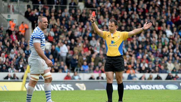 Justin Melck of Saracens is sent off during the Aviva Premiership match between Leicester Tigers and Saracens at Welford Road. May 10 2014.