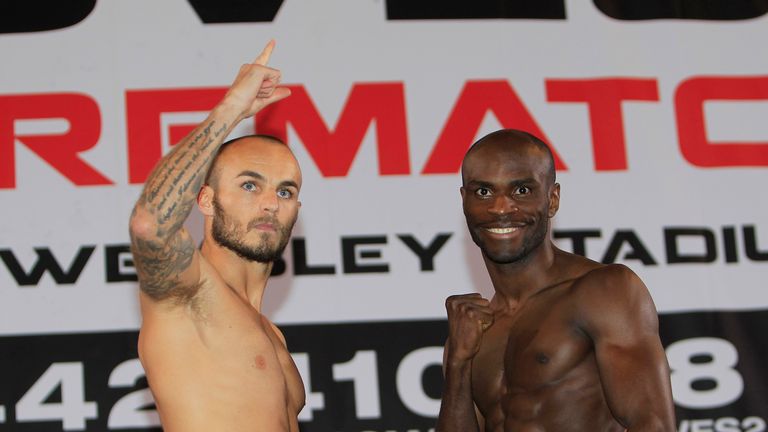 Kevin Mitchell (L) and Ghislain Maduma at the weigh-in for their IBF lightweight final eliminator (Credit: Lawrence Lustig)