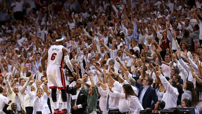 LeBron James #6 of the Miami Heat reacts to winning Game Five of the Eastern Conference Semifinals of the 2014 NBA Playoffs against the Brooklyn Nets