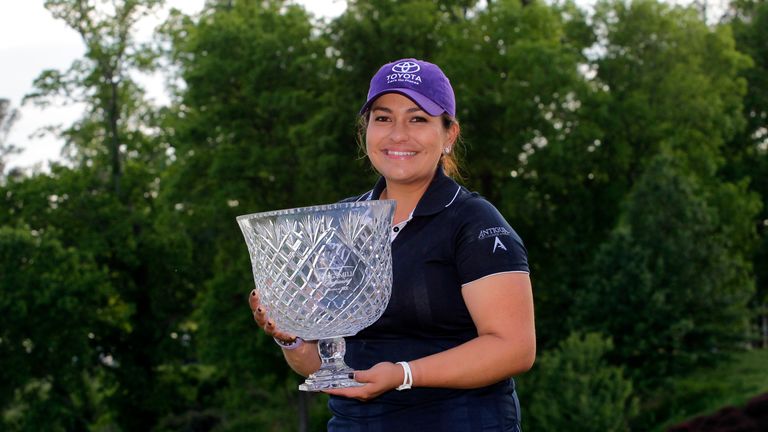 Lizette Salas with trophy after winning the Kingsmill Championship 