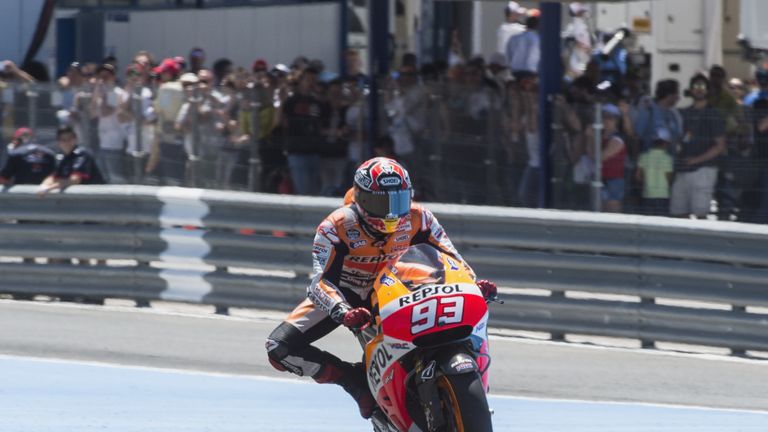 Marc Marquez of Spain and Repsol Honda Team heads down a straight during the MotoGp of Spain
