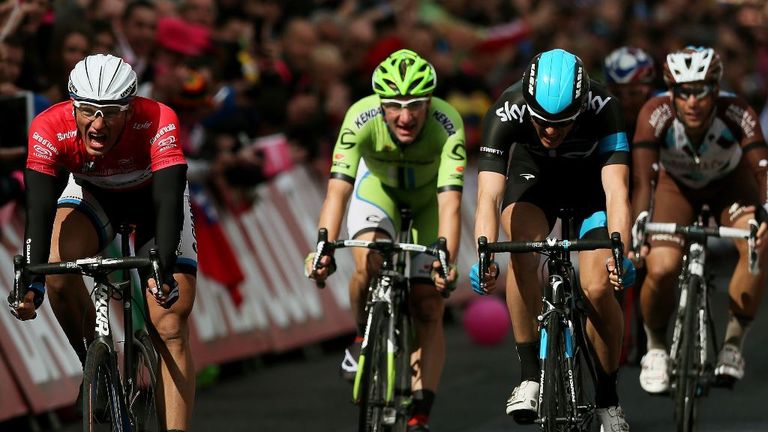 Giant-Shimano's Marcel Kittel (left) Ben Swift Elia Viviani 2014 Giro d'Italia from Armagh to Dublin, Republic of Ireland.
