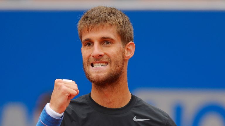Martin Klizan celebrates a point during his match against Tommy Haas during the BMW Open