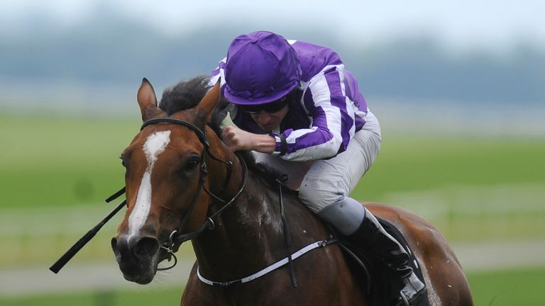 KILDARE, IRELAND - MAY 25:  Ryan Moore riding Marvellous win The Etihad Airways Irish 1,000 Guineas at Curragh racecourse on May 25, 2014