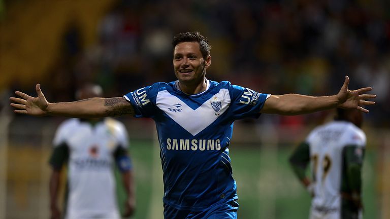 Argentina's Velez Sarsfield's football player Mauro Zarate celebrates after scoring a goal against Colombia's La Equidad during the Copa Sudamericana