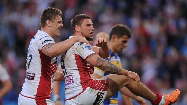 Wigan Warriors hooker Michael McIlorum celebrates after he scores a try during the Super League Magic Weekend match against Leeds Rhinos 