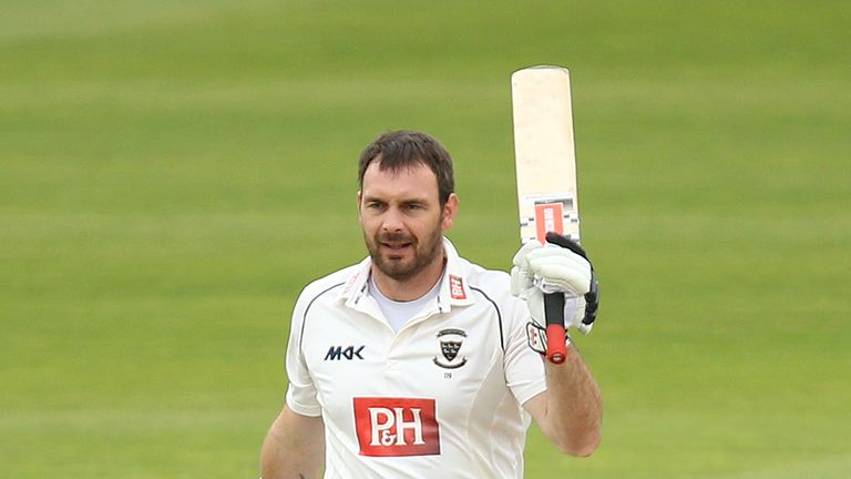 Michael Yardy of Sussex celebrates his century during the LV County Championship match against Lancashire at Old Trafford