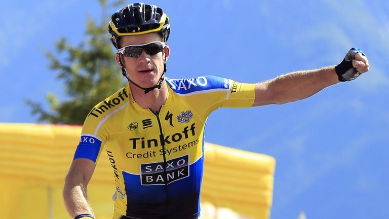 Michael Rogers celebrates 20th stage of the 97th Giro d'Italia, Tour of Italy, cycling race from Maniago to Monte Zoncolan 
