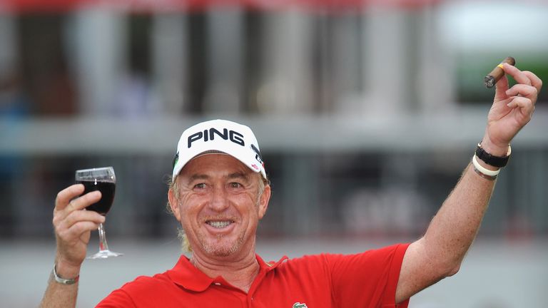 Miguel Angel Jimenez celebrates winning in Hong Kong 