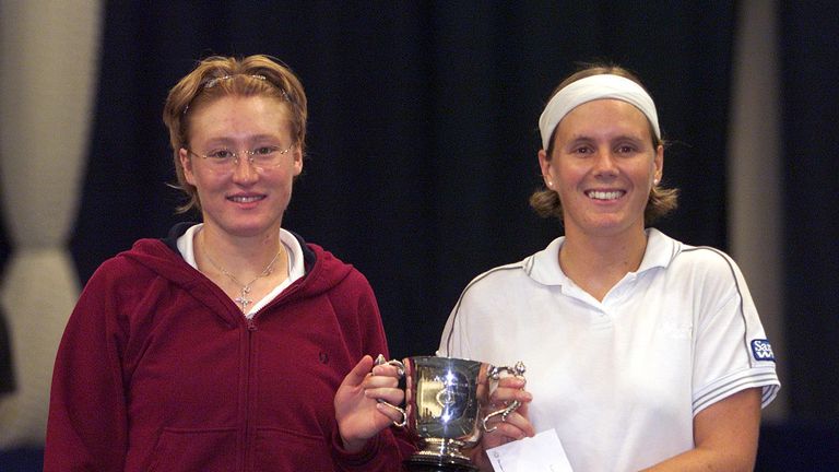 27 Oct 2001: Elena Baltacha and Julie Pullin hold aloft the trophy after their victory in the Ladies doubles final of National Championship