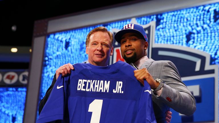 Odell Beckham Jr of the LSU Tigers with Roger Goodell after New York Giants picked him at 12 in the NFL Draft