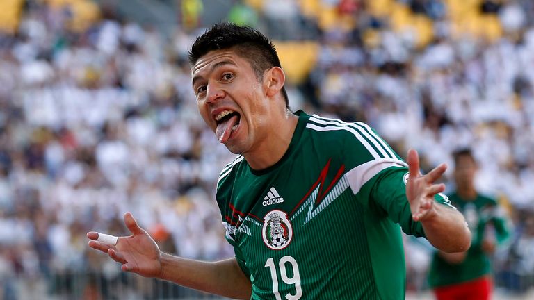 Oribe Peralta of Mexico celebrates a goal against New Zealand during their World Cup qualifying match