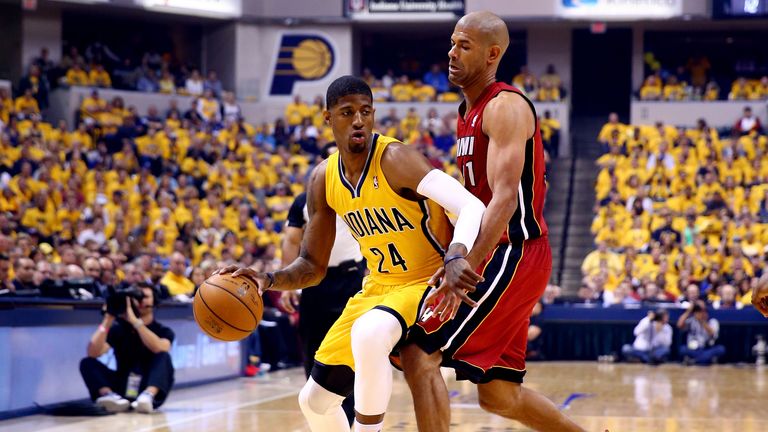 Paul George #24 of the Indiana Pacers looks to pass as Shane Battier #31 of the Miami Heat defends during Game One of the Eastern Conference final