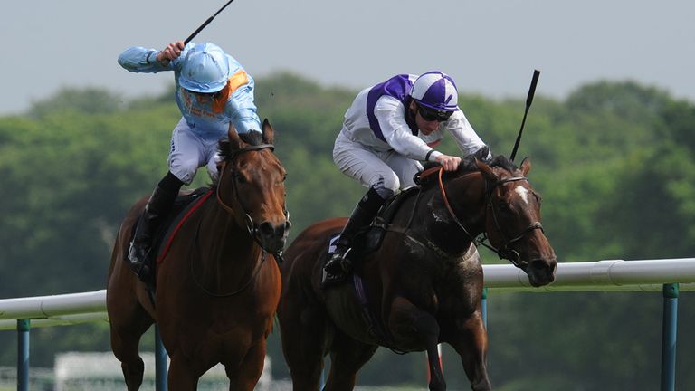 Penitent ridden by Daniel Tudhope (left) beats Breton Rock ridden by Martin Lane to win the Timeform Jury Stakes