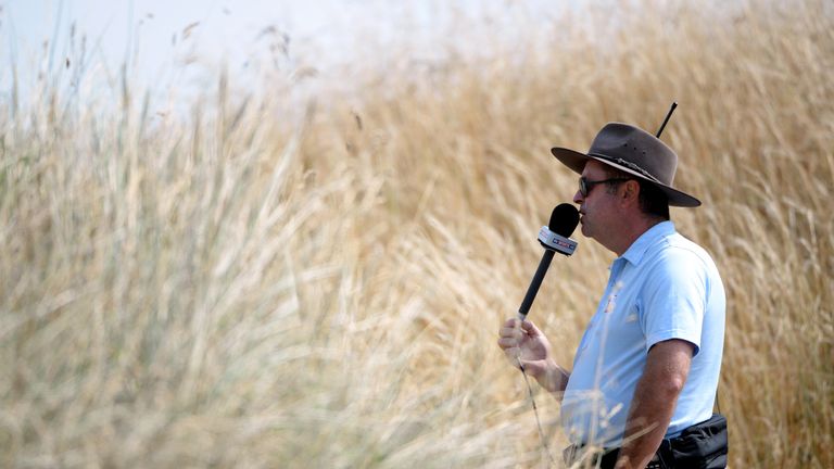 Wayne Riley the on course commentator during the third round of The Senior Open Championship at Royal Birkdale on July 27, 2