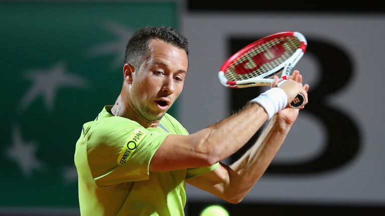 Philipp Kohlschreiber of Germany in action in his match against Novak Djokovic of Serbia during day five of the ATP Rome Masters
