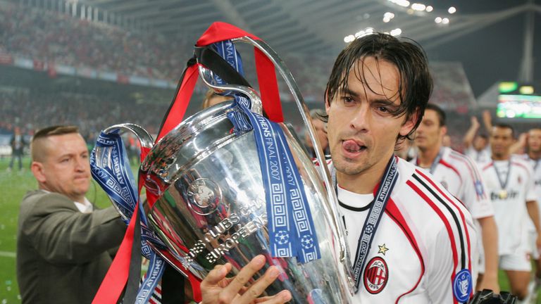 Filippo Inzaghi of Milan celebrates with the trophy following his teams 2-1 victory during the UEFA Champions League final against Liverpool in 2007