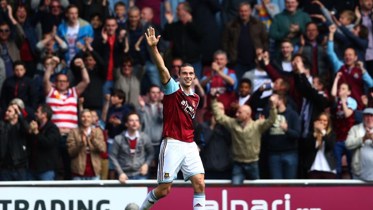 LONDON, ENGLAND - MAY 03:  Andy Carroll of West Ham celebrates after his team take a 1-0  lead following an own goal by Harry Kane of Spurs during the Barc