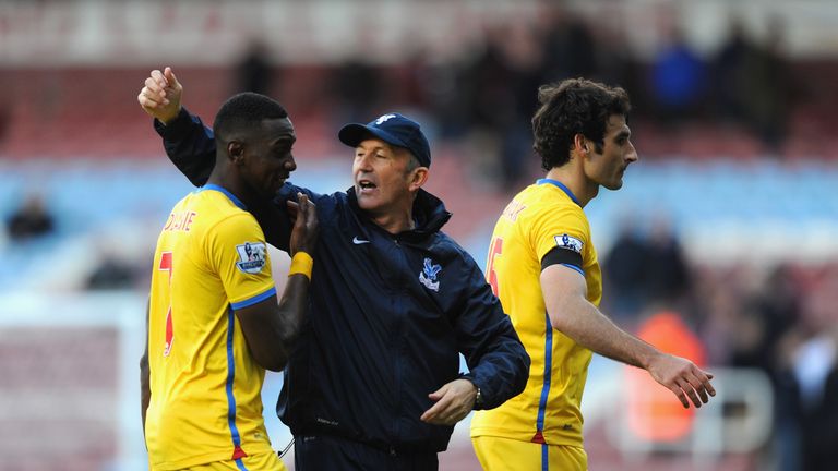 LONDON, ENGLAND - APRIL 19:  Tony Pulis manager of Crystal Palace with Yannick Bolasie of Crystal Palace during the Barclays Premier League match between W