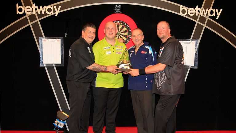 Semi-finalists for the Premier League Darts play-offs at The O2 (pic Lawrence Lustig)