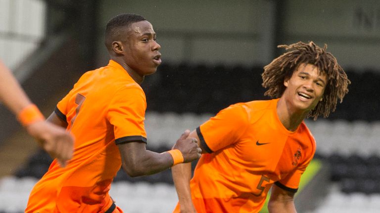 Holland's Quincy Promes celebrates his goal with Nathan Ake (right) during the UEFA Under 21's European Championship qualifying match at St Mirren Park, Pa