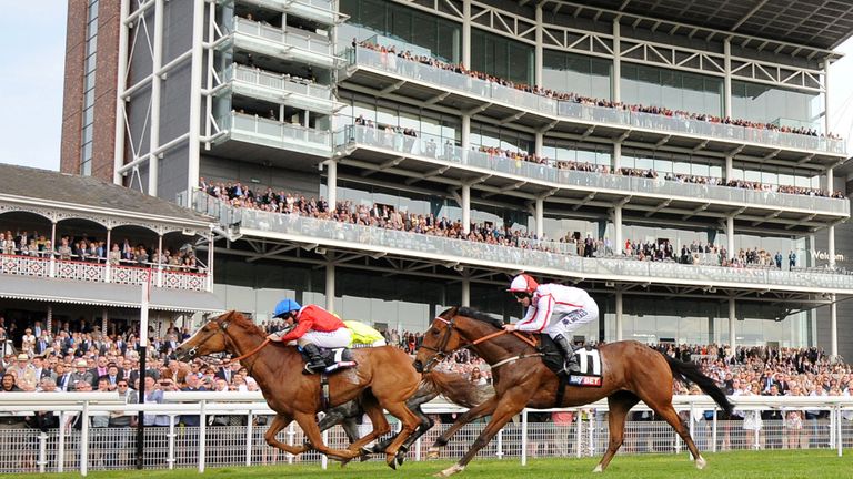 Gospel Choir ridden by Ryan Moore beats Tac de Boistron ridden by Andrea Atzeni to win the Sky Bet Yorkshire Cup