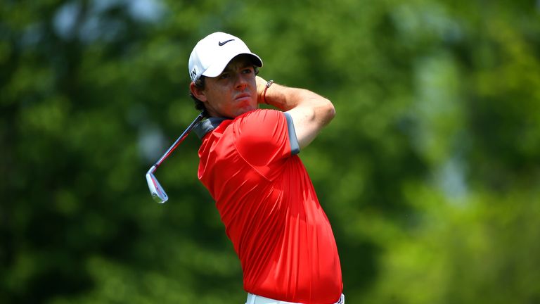 Rory McIlroy hits a tee shot on the third hole during the first round of the Memorial Tournament