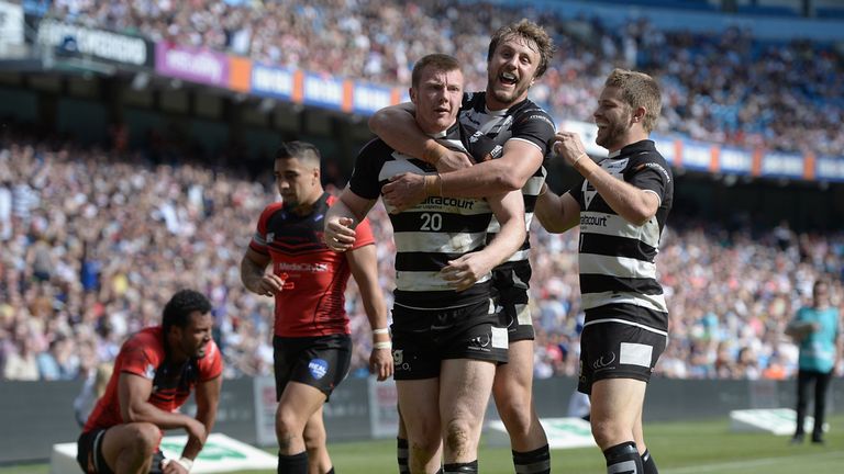 Paddy Flynn of Widnes Vikings celebrates scoring his second try during the Super League match between Widnes Vikings