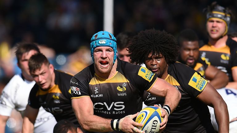 HIGH WYCOMBE, ENGLAND - MAY 03: James Haskell of London Wasps in action during the Aviva Premiership match between London Wasps and Newcastle Falcons at Ad