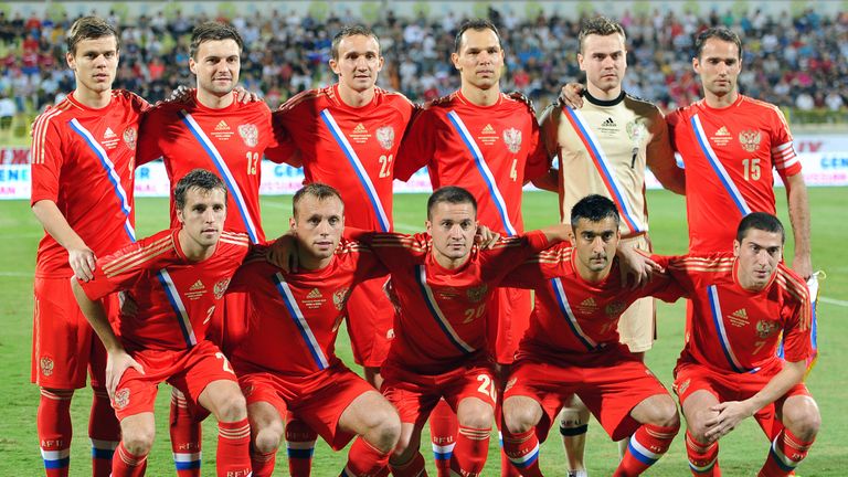 Russia national teams players pose for a group photo before their international friendly football match against Serbia in Dubai in November 2013