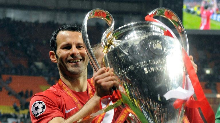 Ryan Giggs celebrates winning the Champions League in 2008